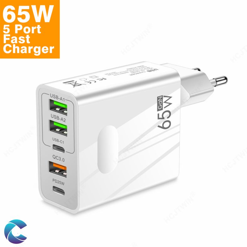 65 Watt 5 Port USB Oplader 
