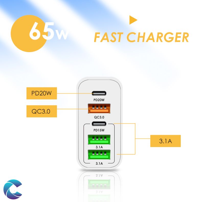 65 Watt 5 Port USB Oplader 
